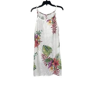 Lungo L’arno White Multicolor Linen Tropical Print Mini Resortwear Dress Medium